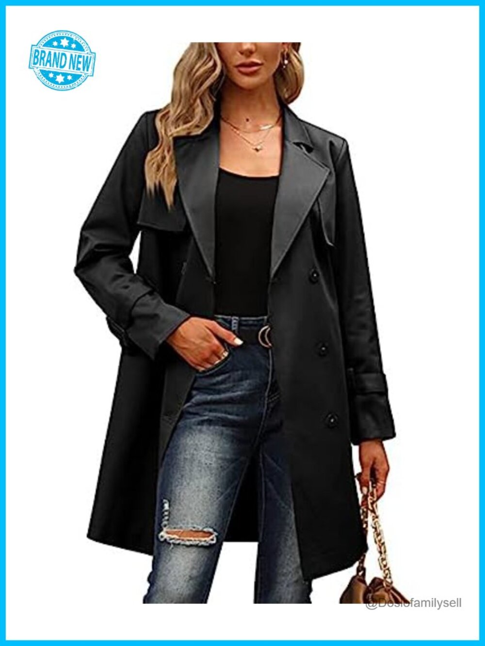 Double Breasted Midi Trench Coat Windproof Overcoat Belted